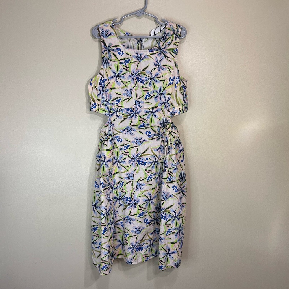 Zara Girls‎ Dress 11-12 Cream Blue Green Floral Cut Out Cotton Sleeveless Midi